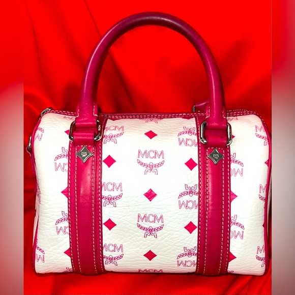 Red and White MCM Small Boston Satchel Bag w/ Brown Suede liner. MCM Monogram - Picture 2 of 16